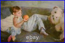Garmash Boy with Orange Hand Embellished Giclee on Canvas! Includes a COA