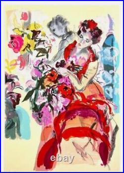 Lea Avizedek Hand Signed Numbered Limited Edition Lady In Red With Flowers COA