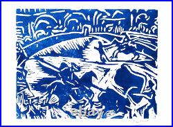 Pablo Picasso Original Linocut Print blue Bull Fighting Scene WithCOA unframed
