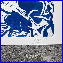 Pablo Picasso Original Linocut Print blue Bull Fighting Scene WithCOA unframed