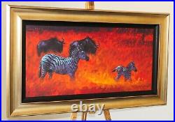 ROLF HARRIS Rare Limited Edition Print on Canvasboard Zebra and Wildebeest + COA