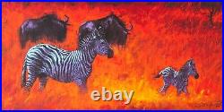 ROLF HARRIS Rare Limited Edition Print on Canvasboard Zebra and Wildebeest + COA